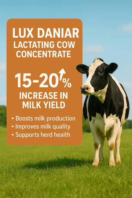 توضیحات شیری لوکس در گوشه یک عدد گاو و در تصویر نوشته انگلیسی که کنسانتره شیری لوکس دانیار را توضیح میدهد